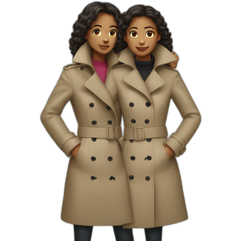 Two girls make a shoulders ride in one trench coat emoji