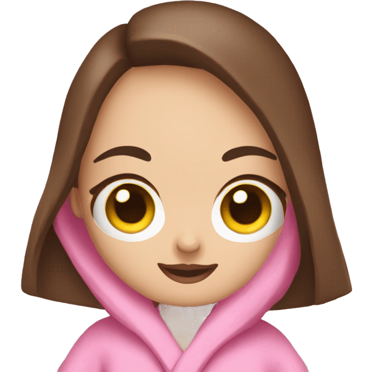 I want a cute female emoji with a round yellow face with big cute eyes with big eyelashes and a feminine mouth and with long dark brown hair and wearing a pink bathrobe emoji