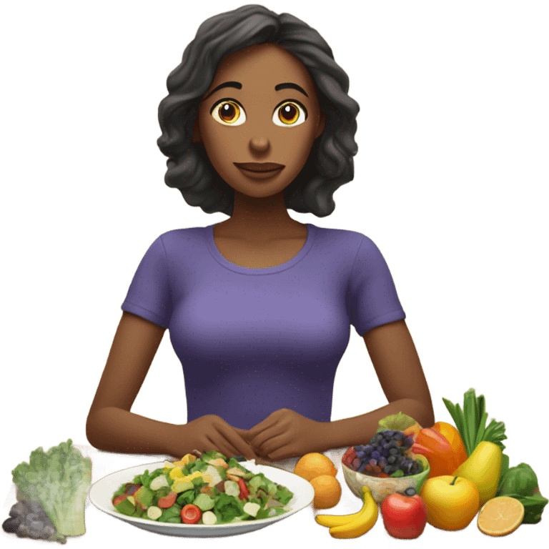 a woman looks at a plate of healthy food emoji