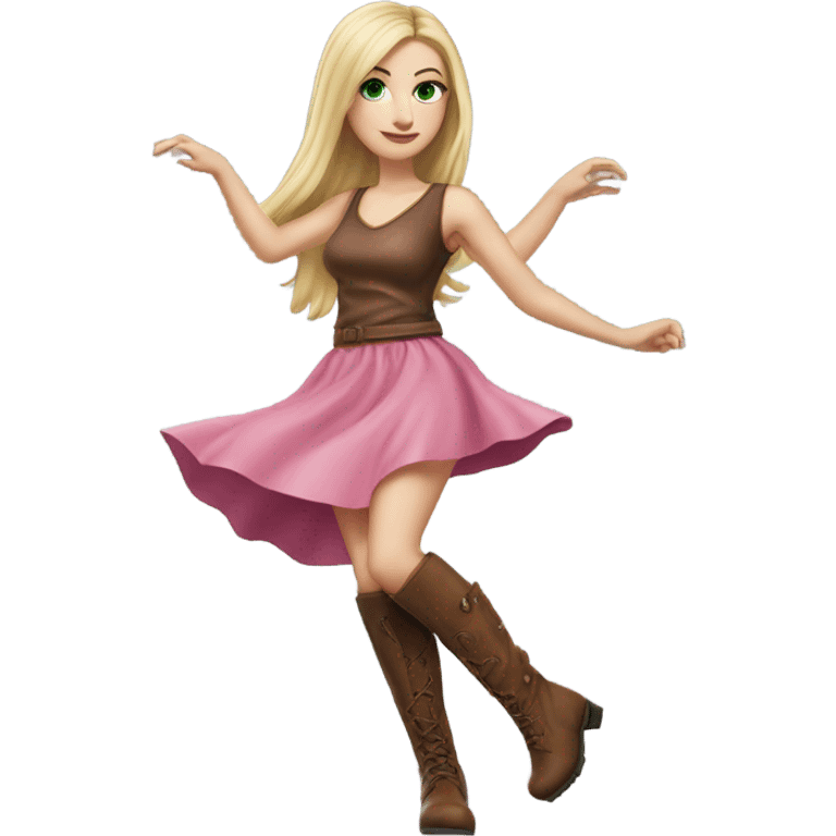 Realistic White girl with Long straight blonde hair, green eyes, tattoos, full body wearing pink dress and Brown knee-high leather boots, dancing emoji