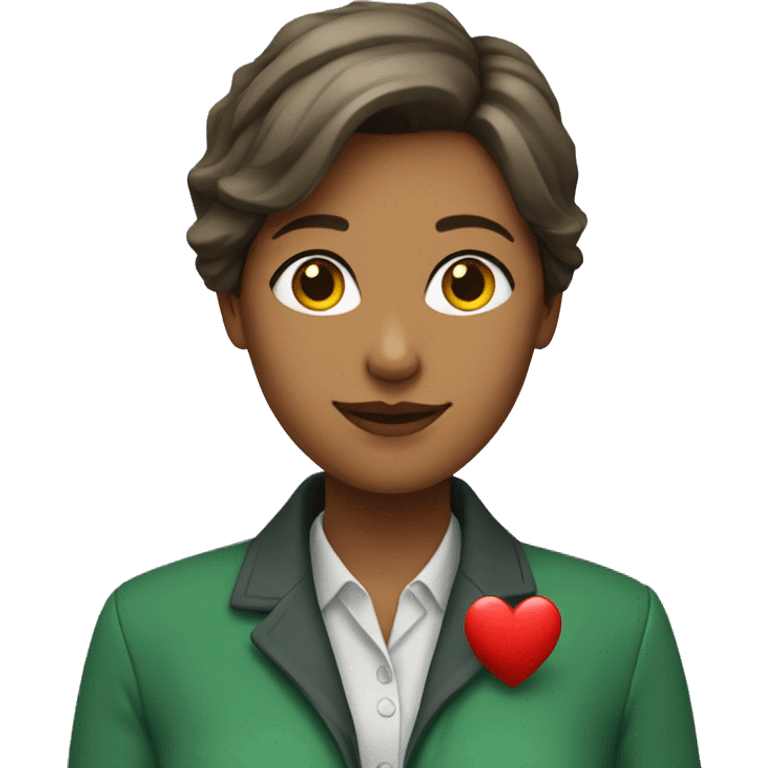 A female teacher in a green jacket holds a heart in her hands emoji