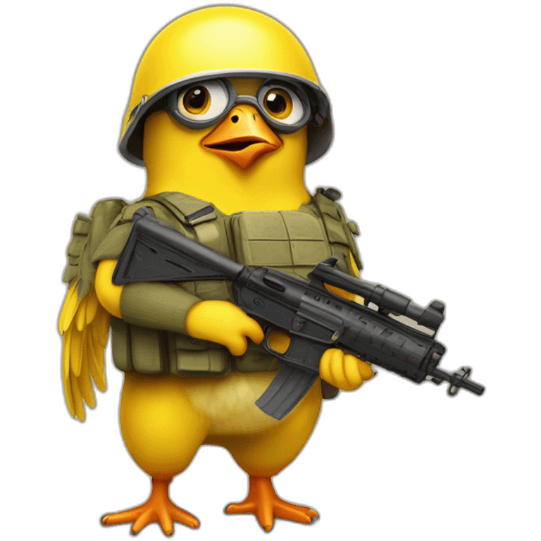 Un poussin jaune avec un casque militaire et une arme a feu minion emoji