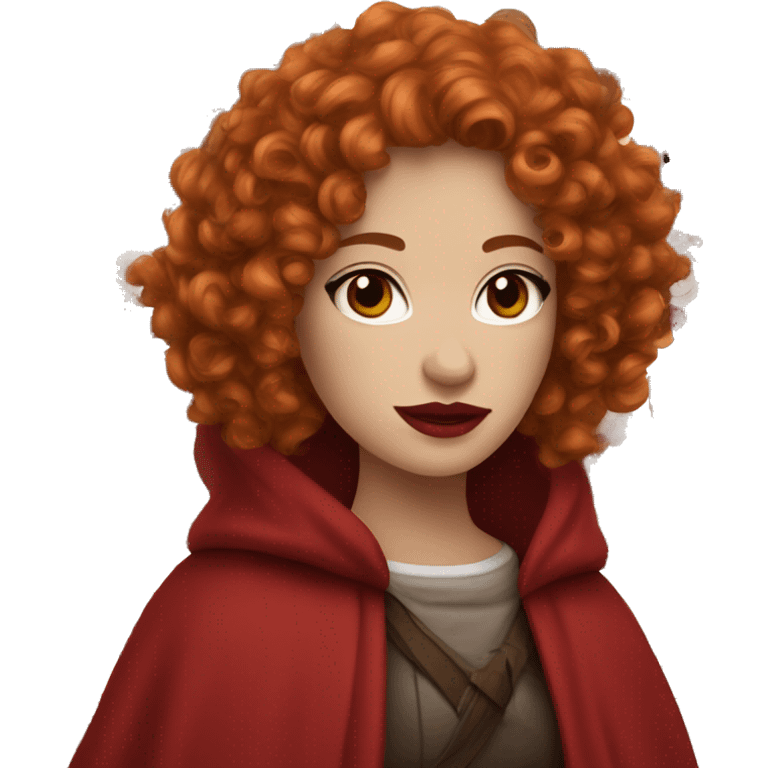 Create an Emoji Girl, red curly hair, red lipstick, white skin, brown eyes, red cloak emoji