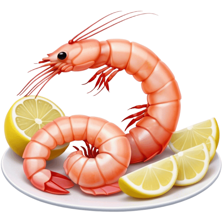 Cinematic glistening shrimp, pink and juicy, slightly curled with a light char, served with lemon wedges, ultra-detailed and fresh, warm glowing background. emoji