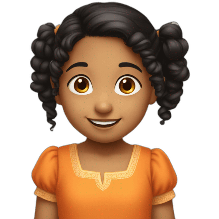 smiling and pointing 3 years old indian girl with black curly hair in pigtails wearing a orange dress emoji