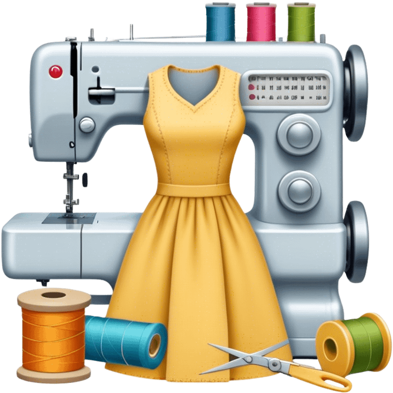 Sewing icon, measuring tape, pins, scissors, and a dress in progress, sewing machine with thread, visible needle, spools of thread, fabric pieces cut according to patterns, minimalistic style, clean lines, transparent background. emoji