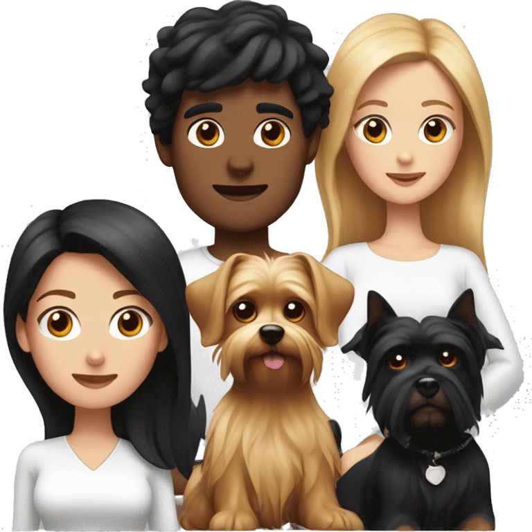 A white man with black hair, a white woman with brown hair, a Yorkshire terrier and a black dog with white breasts emoji