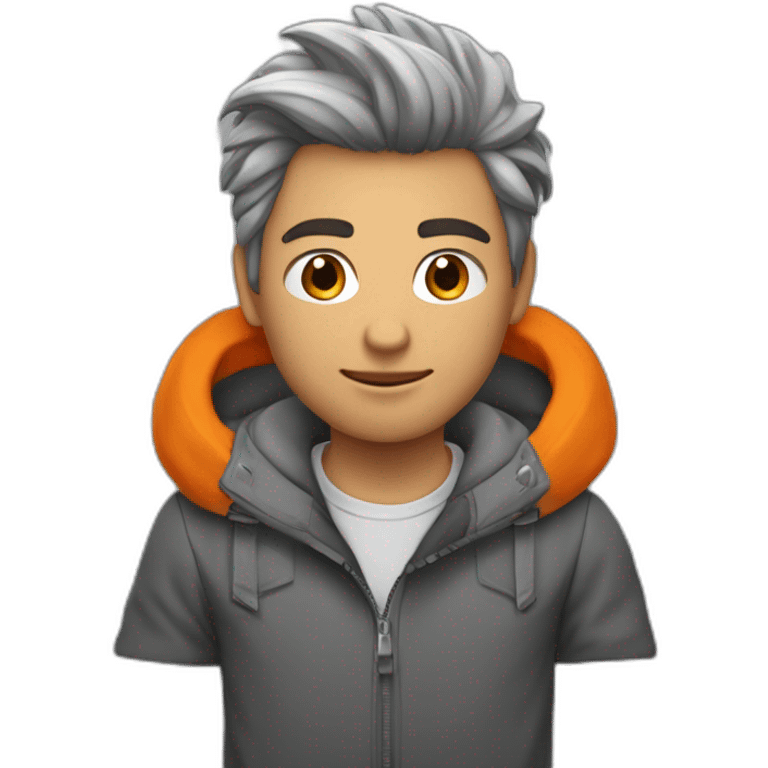 jeune homme balnc aux cheveux gris avec une doudoune orange emoji