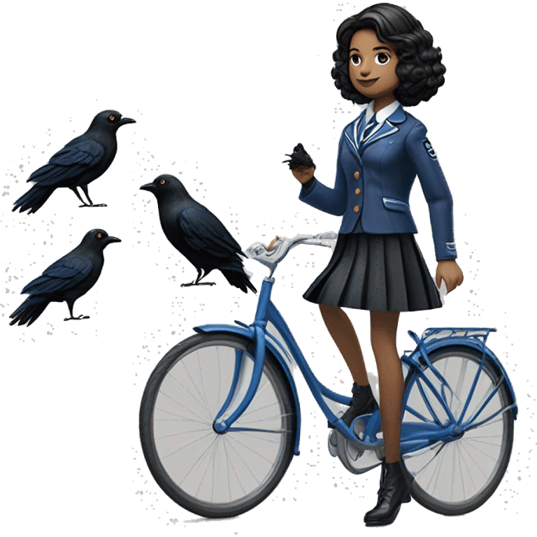 Silkstone enid sinclair from academy in blue and black vertically-striped school uniform skirt with jacket riding bikes with crows emoji