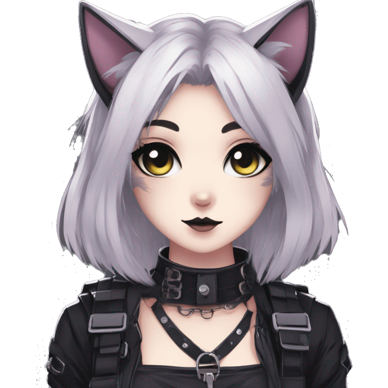 Gorgeous gothic dark techwear anime style anthro cat with blushing face aesthetic and pretty edgy black with collar and harness trending style emoji