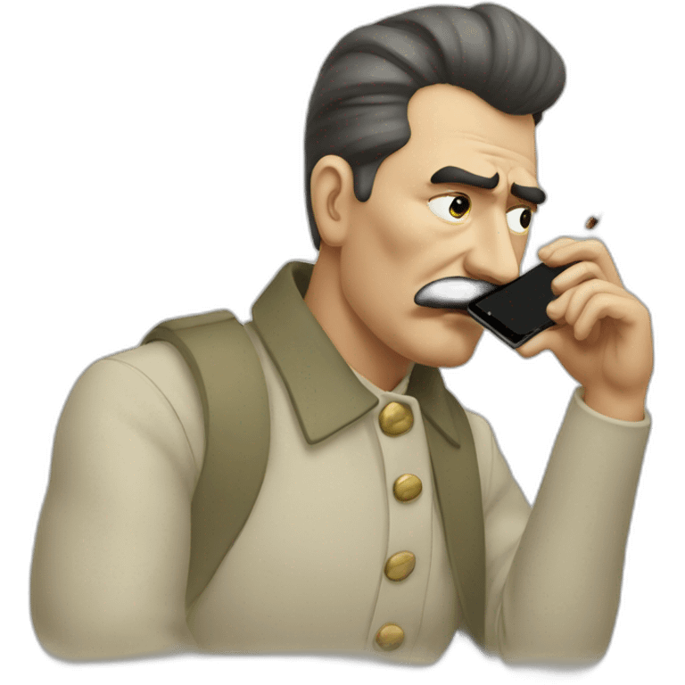 Depressed looking stalin looking at social media on phone and smoking a cigarette emoji