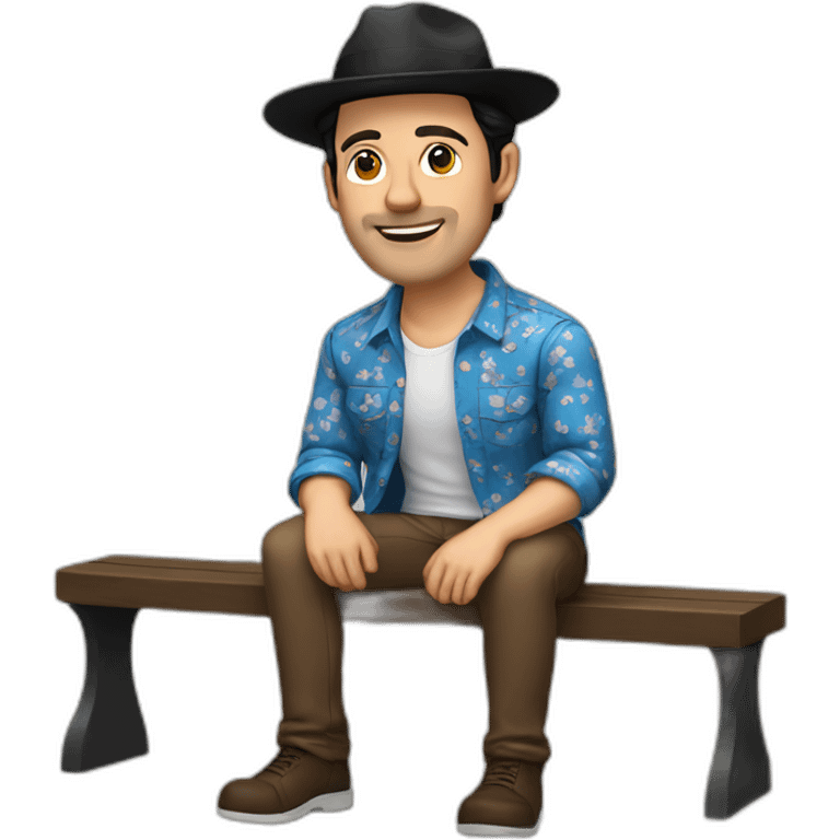 White Man with black hair, strip blue flowered shirt, brown hat, setting on a bench emoji