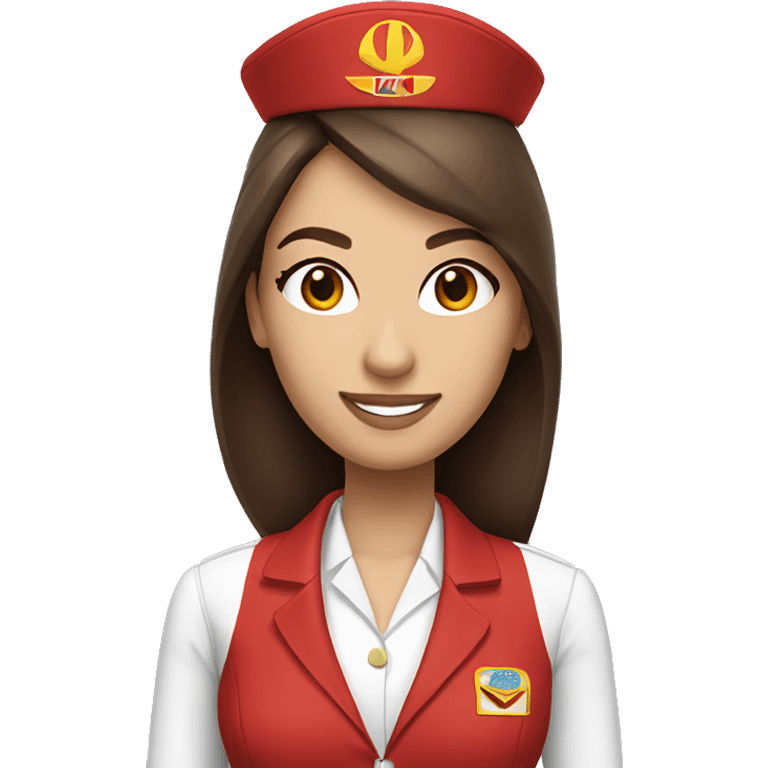 Stewardess in red uniform with long brown hair and brown eyes emoji