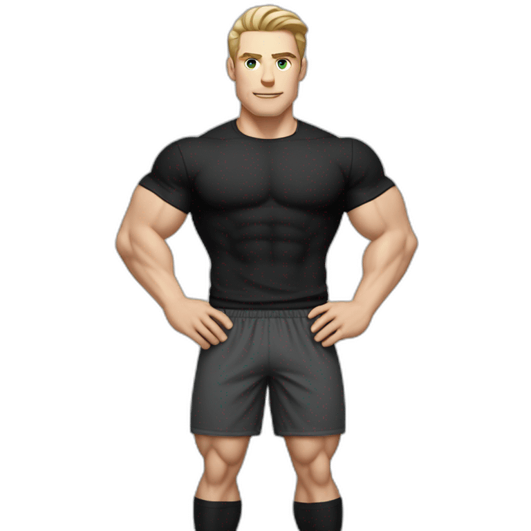 Pale skinned Fit Man With the biceps and dark brown hair in black shirt, gray sports shorts and white Sneakers emoji