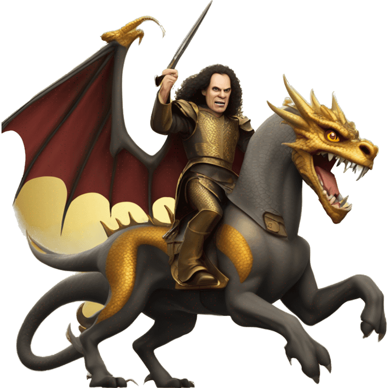 Ronnie james dio with medieval looks riding a golden dragon emoji