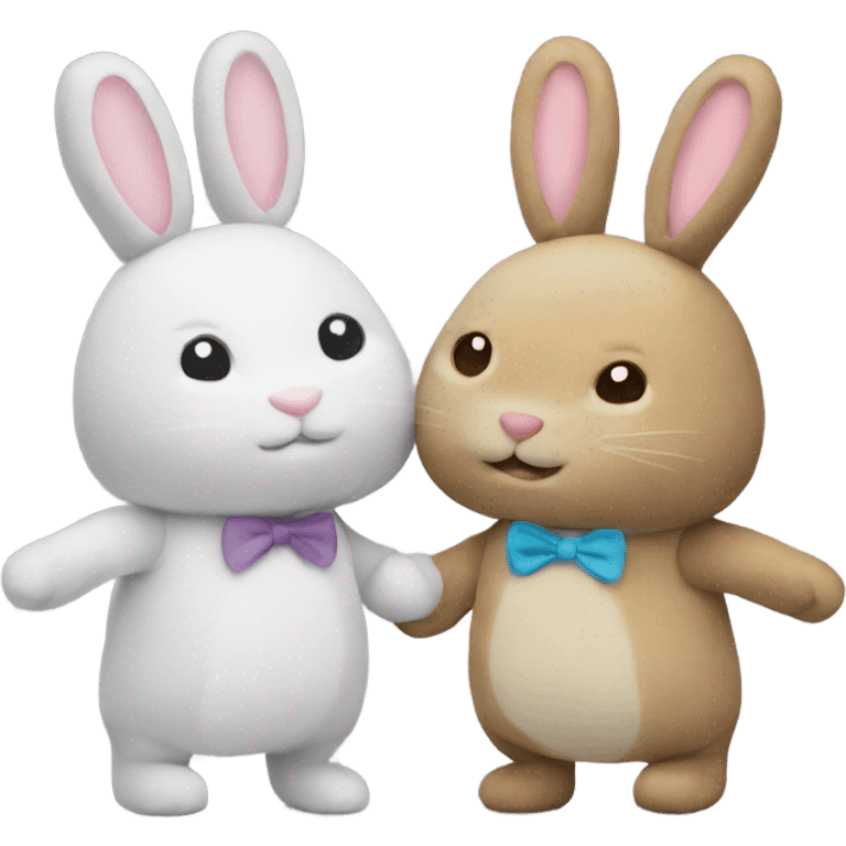 2 plush bunnies holding hands. One male one female emoji