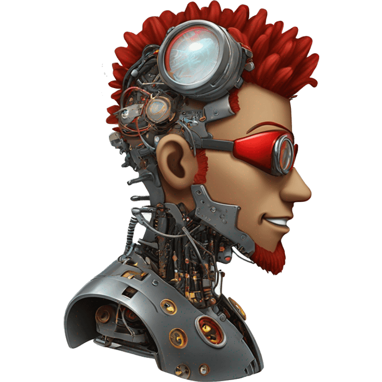 cyborg head with red Mohawk, red beard. silver steampunk monocle goggles a smile and circuits emoji