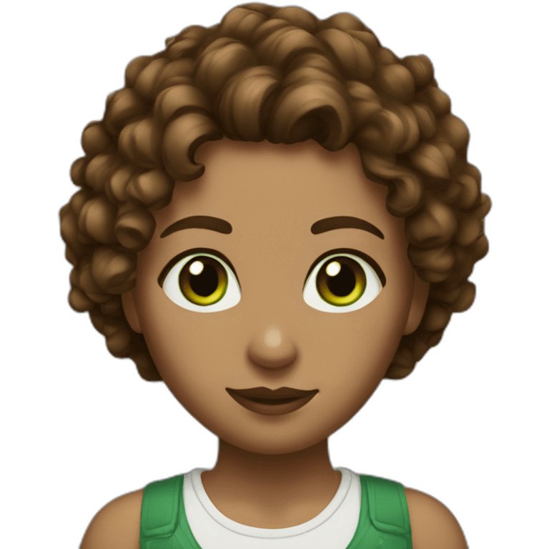 woman with medium brown curly hair and green eyes emoji