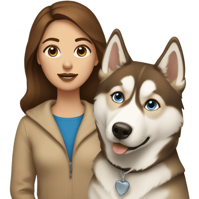 Woman brown hair blue eyes with Husky beige golden emoji