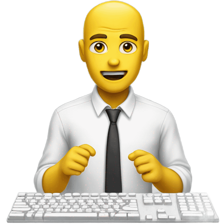 yellow skin man using white keyboard on desk wearing white button down shirt front view emoji