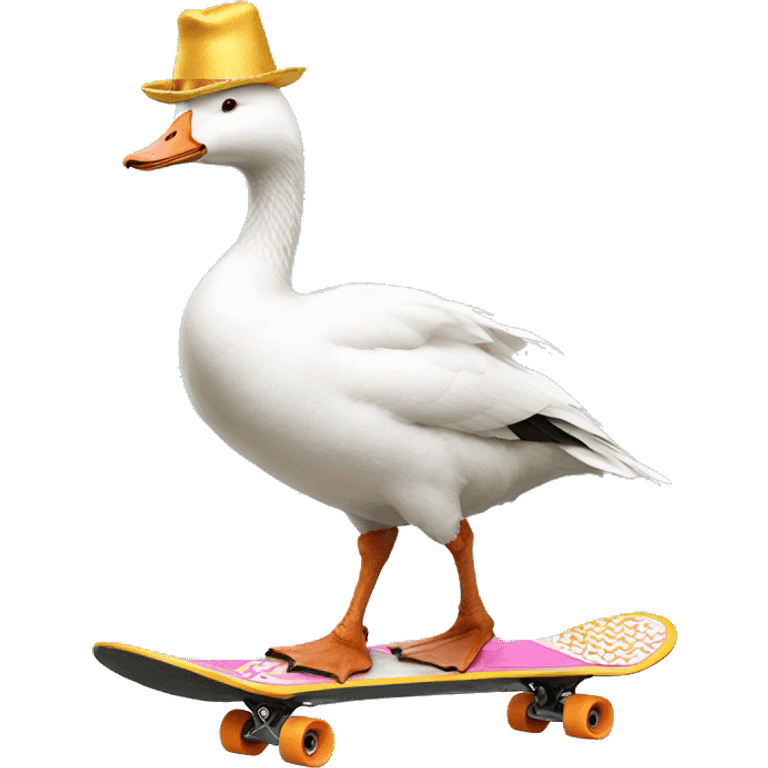 White goose wearing party hat riding skateboard emoji