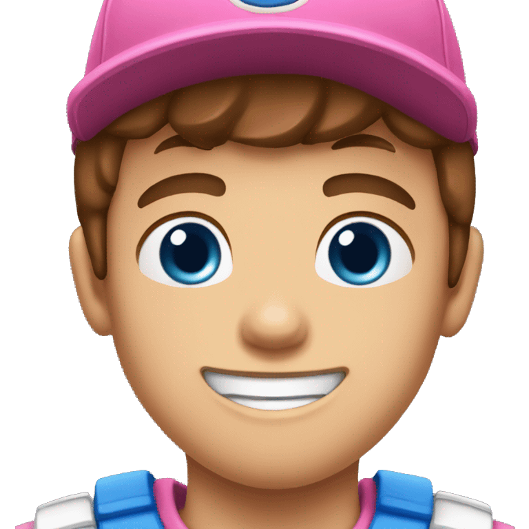 A boy with brown hair and a pink baseball cap and blue eyes and buck teeth emoji