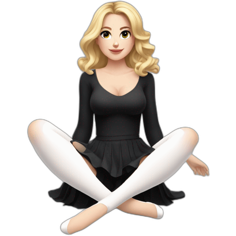 Front view curvy caucasian beauty sits on the floor straight hands up black skirt white stockings emoji