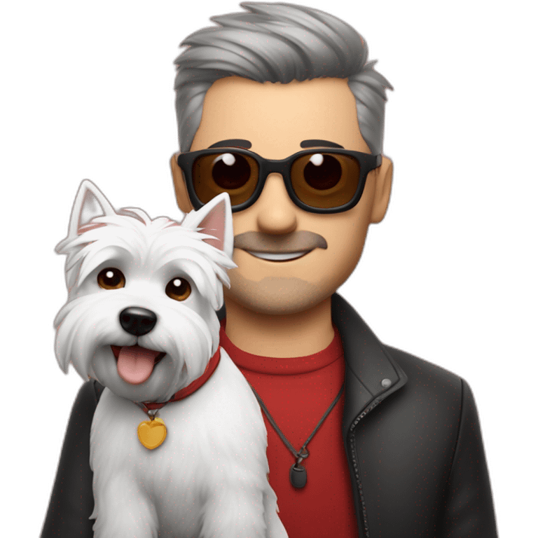 Hombre con gafas rojas con un perro westie emoji