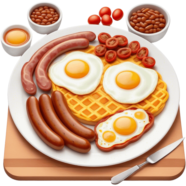 Cinematic Realistic English Breakfast Dish Emoji, showcasing a hearty ensemble of eggs, bacon, sausages, baked beans, and grilled tomatoes rendered with lifelike texture and vibrant, appetizing detail that exudes comforting tradition. emoji