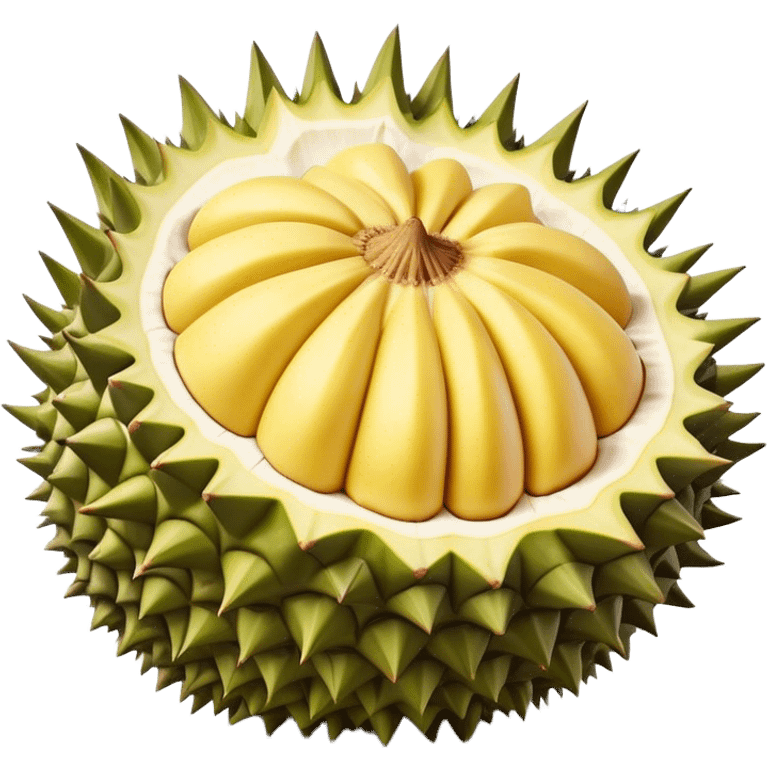 Cinematic Realistic Durian Fruit Dish Emoji, depicted as the notorious spiky fruit with a rich, custardy interior rendered with lifelike detail and bold, distinctive lighting. emoji