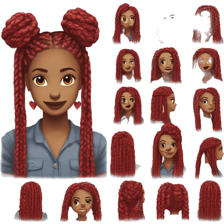 box braids color red, front facing, shoulder length, with hearts emoji