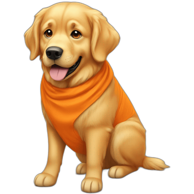 Fat golden retriever dressed in orange emoji