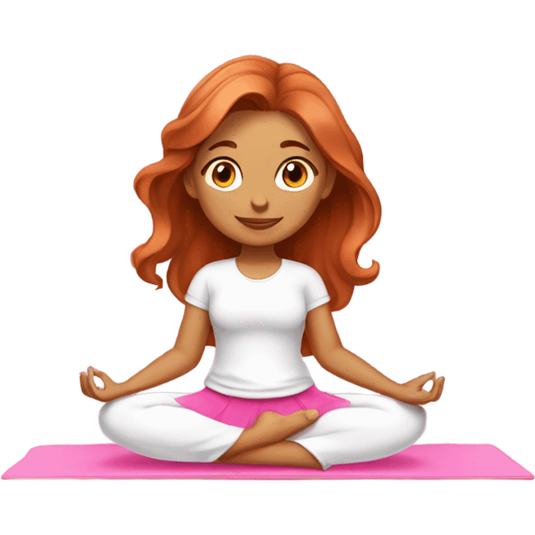 Girl with medium length wavy copper hair wearing white shirt and pink skirt doing yoga on pink yoga mat emoji