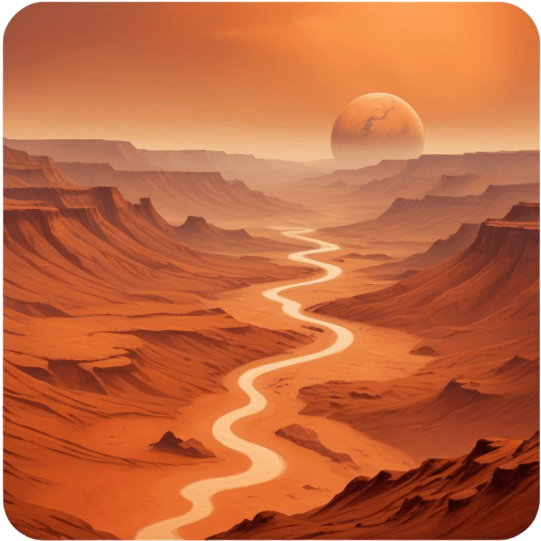 Cinematic Realistic Mars, portrayed with rugged, rust-colored landscapes, deep canyons, and swirling dust storms rendered with lifelike texture and an orange-hued glow that evokes the enigmatic allure of the Red Planet. emoji