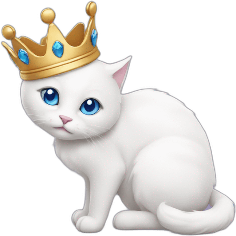 white cat with blue eyes and a crown on its head bites purple heart with its paws emoji