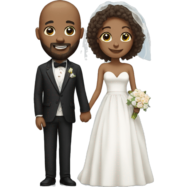 Black bald man with a beard and his wife with long, brown, curly hair on their wedding day emoji