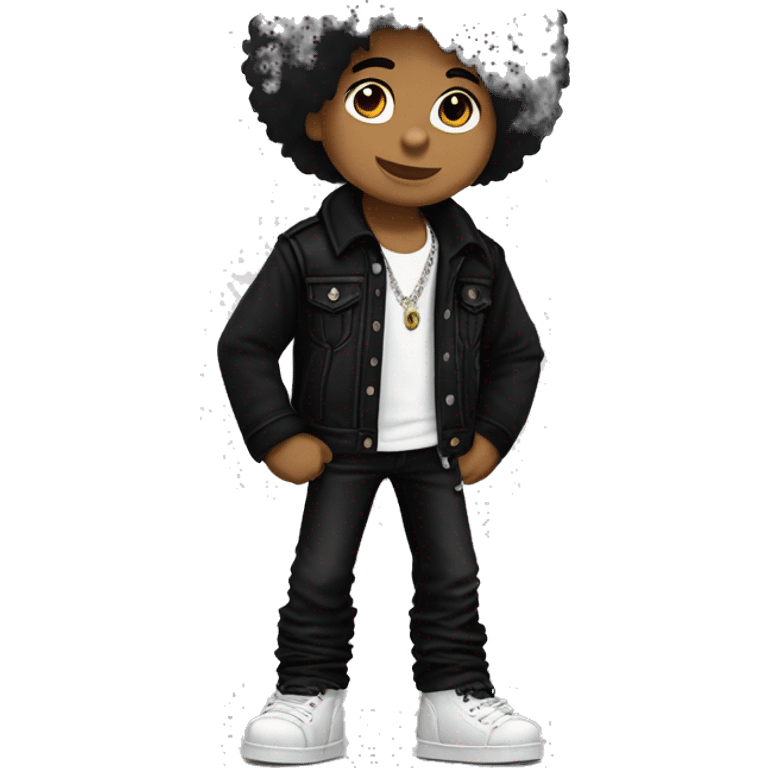 Teddy bear full body, standing, wearing true religion black jacket and black pants, new rocks black boots, black hair medium length straight messy  emoji