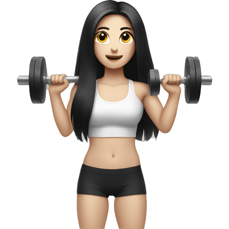 Pale girl with long black hair lifting weights emoji