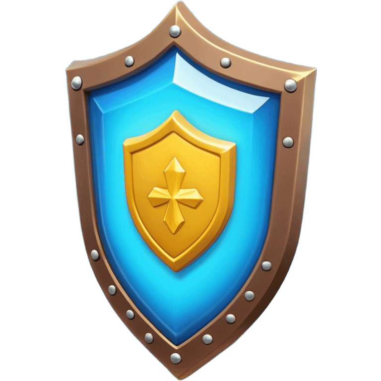 Clash of Clans aesthetic: Cinematic Playful 3D Isometric Shield Emoji, rendered in a 3D vector-style similar to standard emojis with minimal shading and bold, simplified shapes. A compact, distinct form with signature details, softly glowing with a fantasy RPG magic charm. Simplified yet unmistakably iconic, highly detailed and consistent, glowing with a soft radiance and high shine. Stylized with a touch of heroic grandeur and a soft glowing outline, capturing the essence of a beloved gaming relic with a friendly, playful manner! emoji