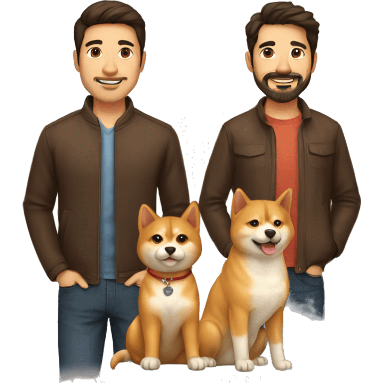 2 men with 1 dog a 2 cats: 1 man spanish brown and 1 man colombian, 2 persian cats and 1 shiba inu dog emoji