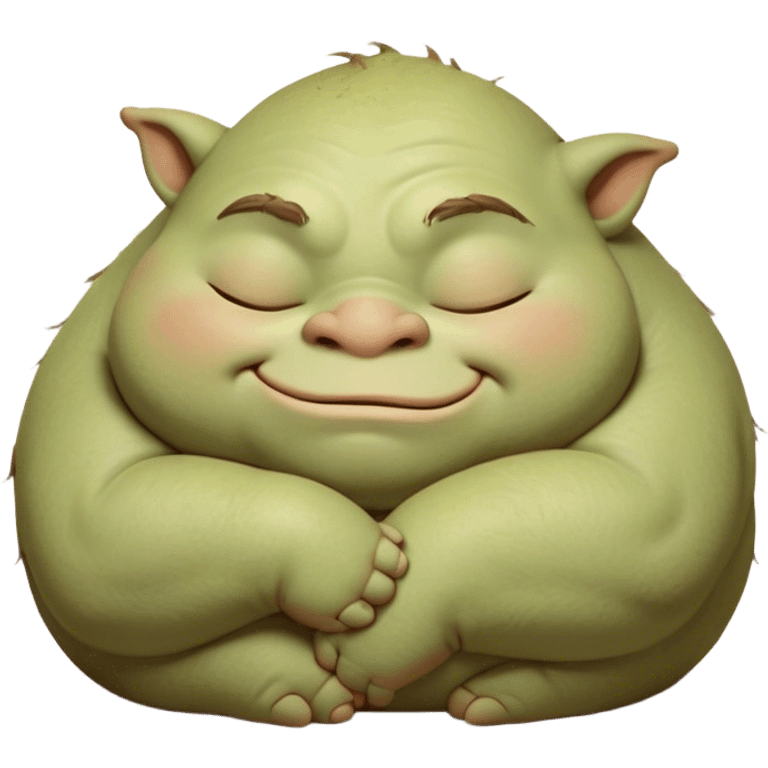 Meme-Worthy Cute Sleeping Ogre Portrait Emoji, with a surprisingly endearing, plump figure in soft earthy greens and browns, head drooping gently with closed, relaxed eyes and a content, sleepy grin, simplified yet adorably detailed, glowing with a soft warm outline that captures the peaceful slumber of a friendly ogre after a day of gentle mischief! emoji