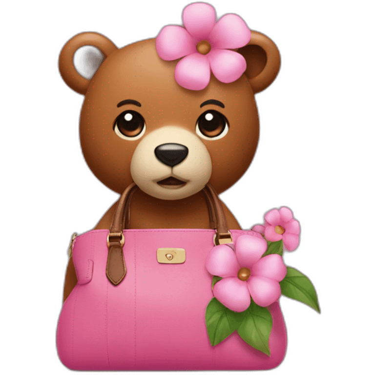 A pink bear  flower on its head and a brown handbag emoji