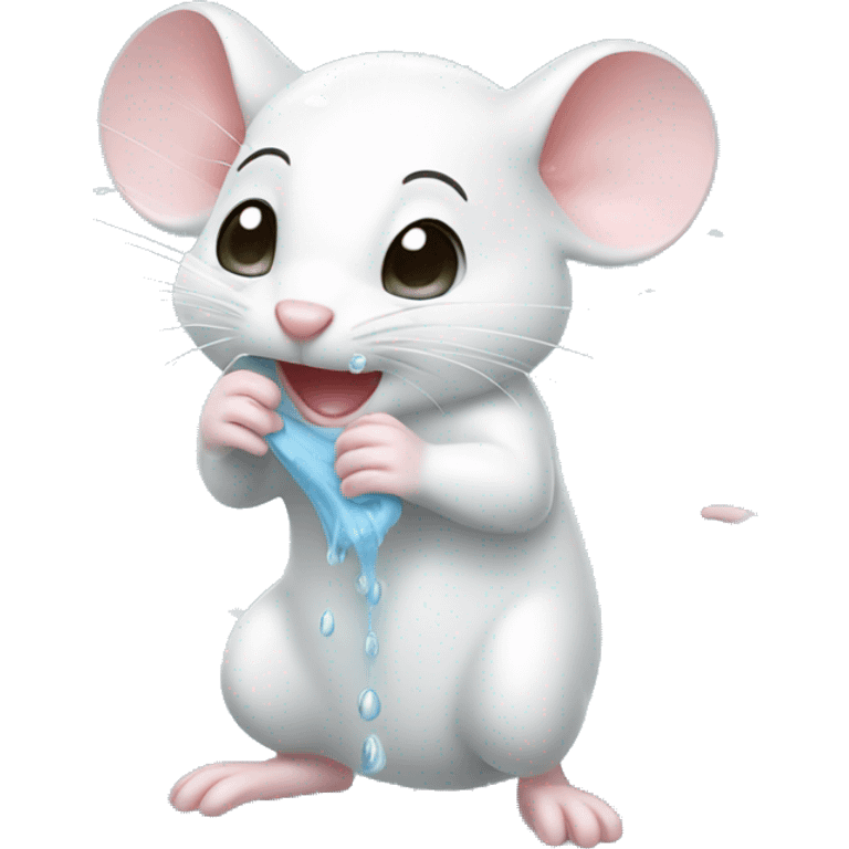 Cute white mouse scrubbing himself in a bubbly shower emoji