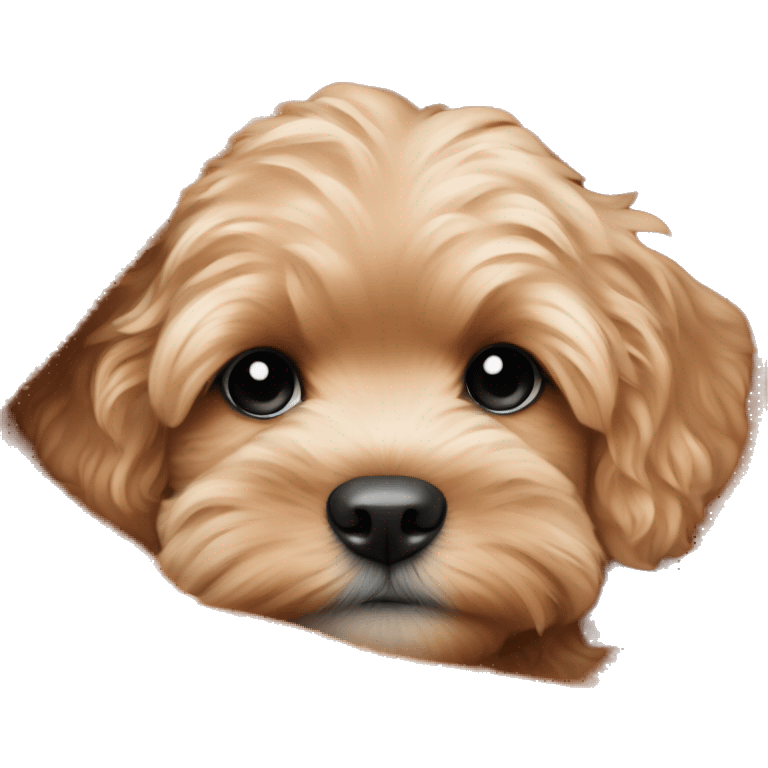 Blonde cavapoo puppy snuggled up in a auburn fluffy blanket  emoji