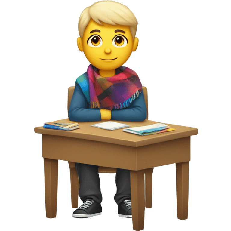 white boy sitting in a school desk with a colorful blanket wrapped around shoulders emoji