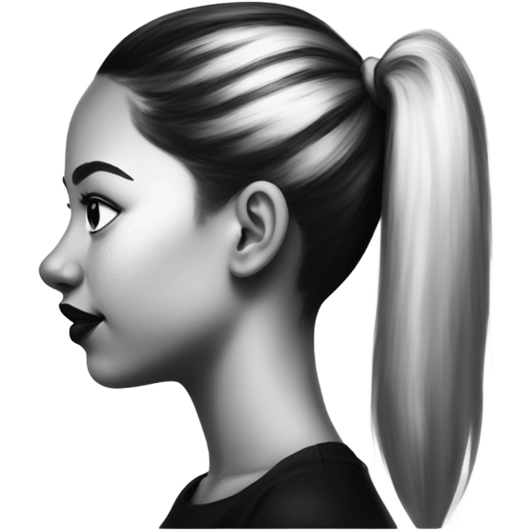 Side profile of a drawing of a girl with a black and white ponytail and pigmentation on her cheek with lips and a nose, all in black and white emoji