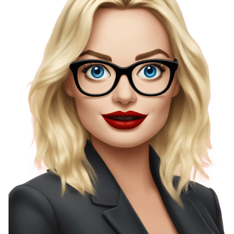 Margot Robbie, bright blue eyes, red kisses, wearing black glasses  emoji