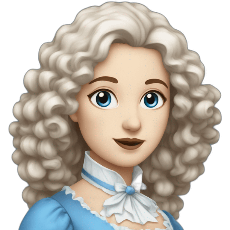 woman in 18th century, blue eyes, brown medium wavy hair, blue white costume emoji