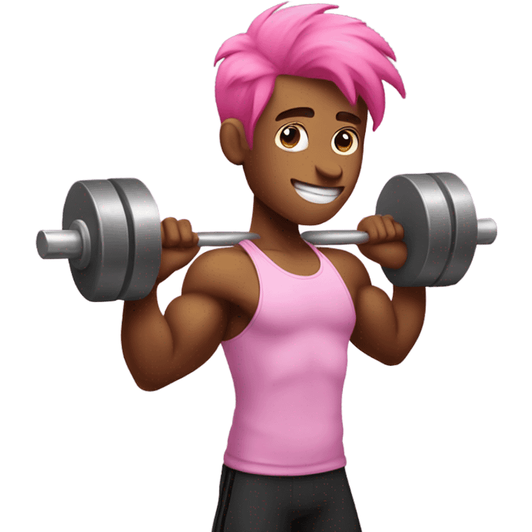 Muscular man lifting weights in a gym with pink hair emoji