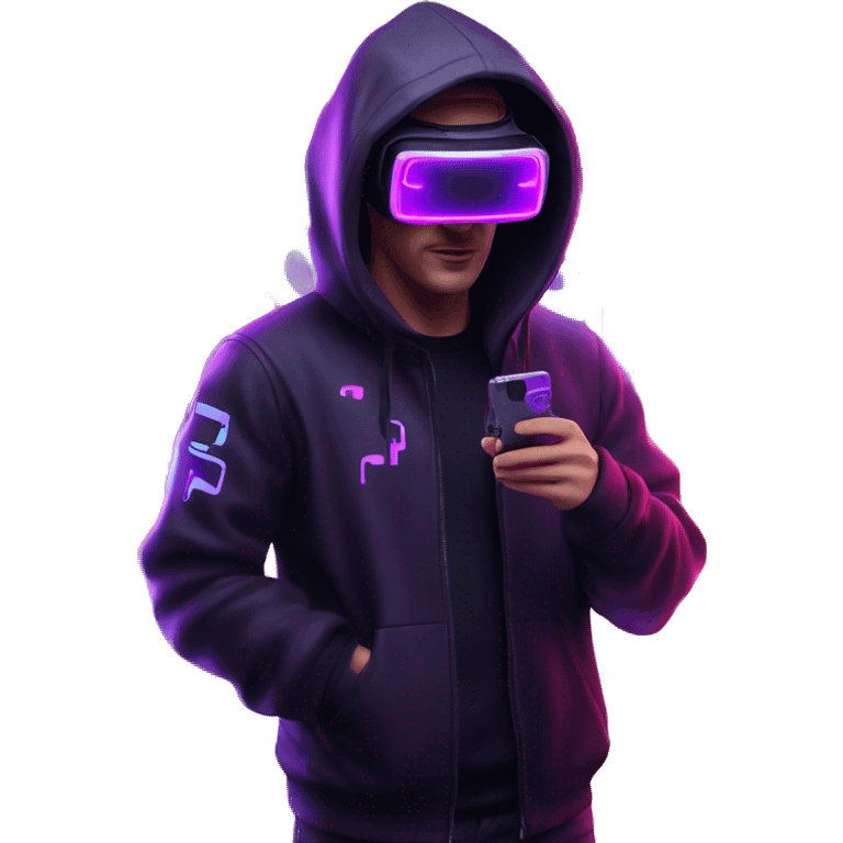 Russian man wearing a black hoodie with "OMG" letters on it and VR headset in a cyberpunk VR environment with violet neon lighting. emoji